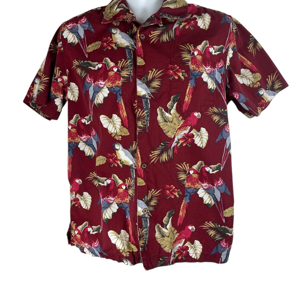 28 Palms Vibrant Burgandy 100% Cotton Parrot Print Men's Casual Camp Shirt, M